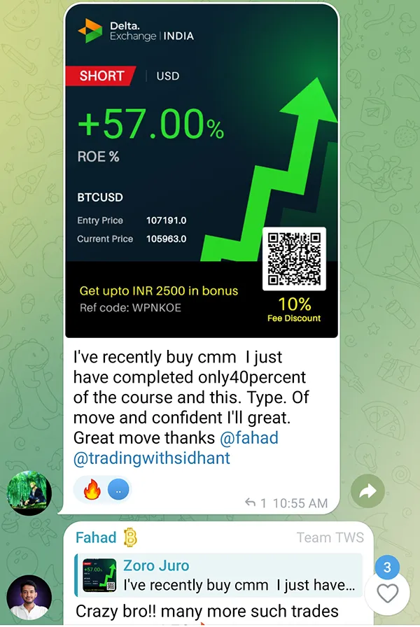 Student showing +57 percent ROE on Delta Exchange after completing only 40 percent of the course
