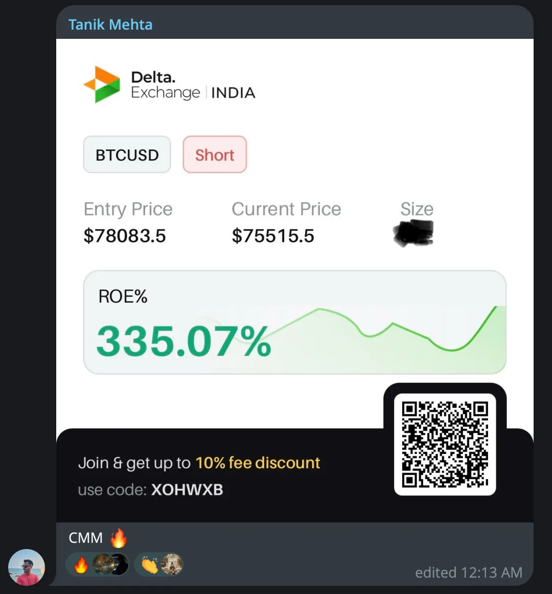 Tanik Mehta sharing a BTCUSD short on Delta Exchange India with +335% ROE (self-reported)