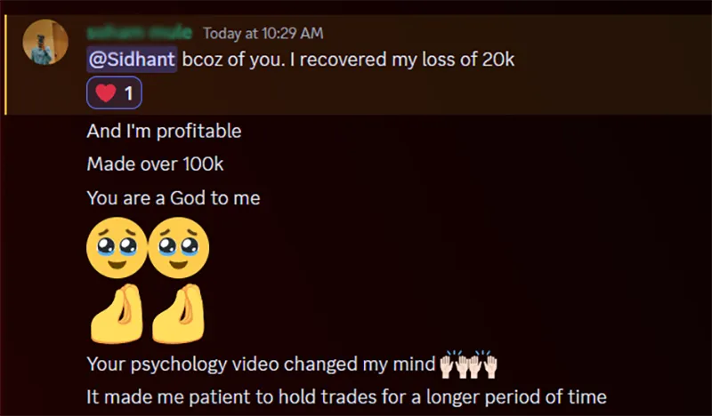 Student recovered a 20k rupee loss and made over 1 lakh. Discord message thanking Sidhant