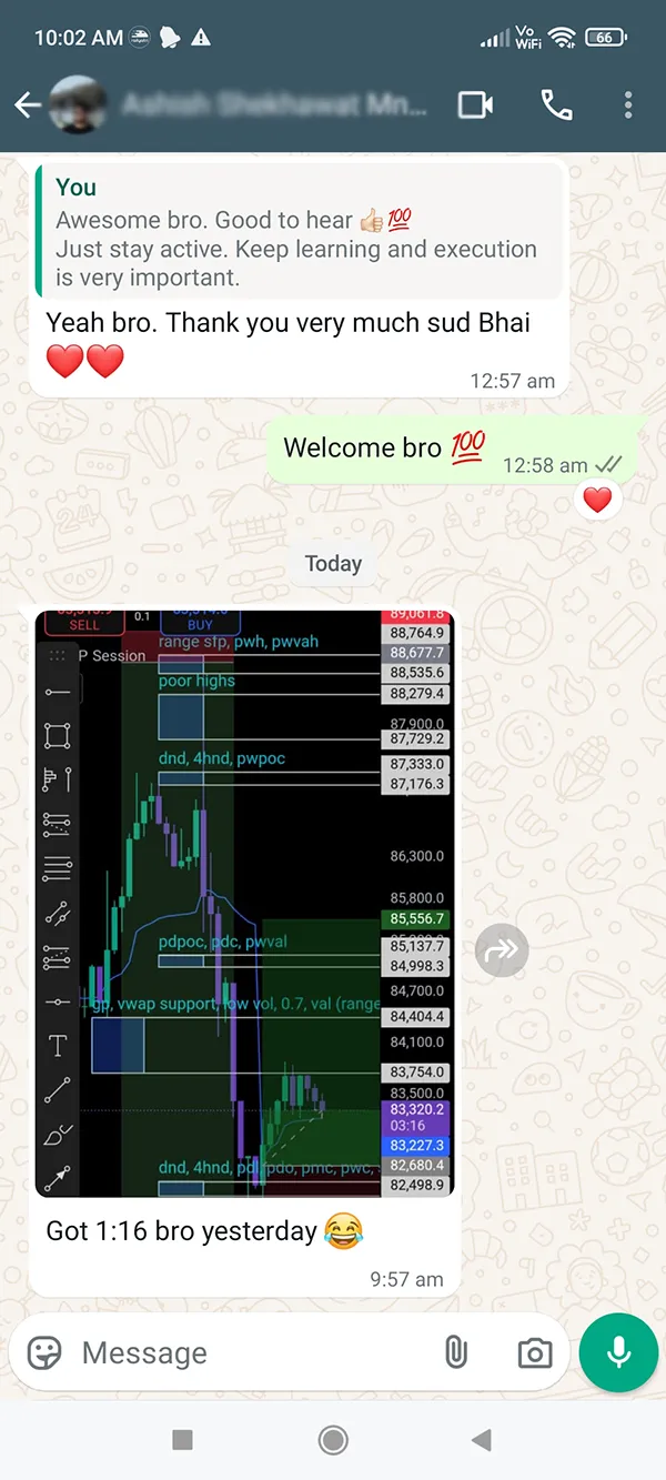 WhatsApp message from a student describing a 1:16 risk to reward trade (self-reported)