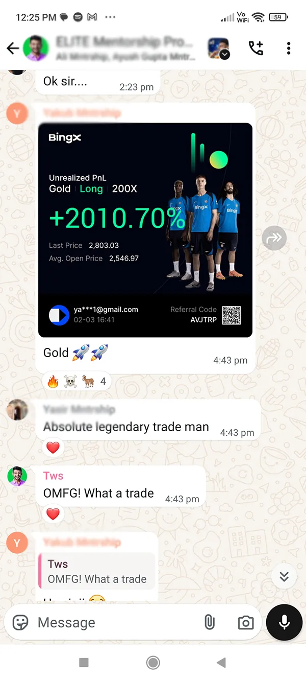 WhatsApp group message from a student celebrating a Gold trade result (self-reported)