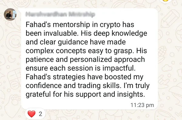 WhatsApp message from a student praising Fahad's mentorship