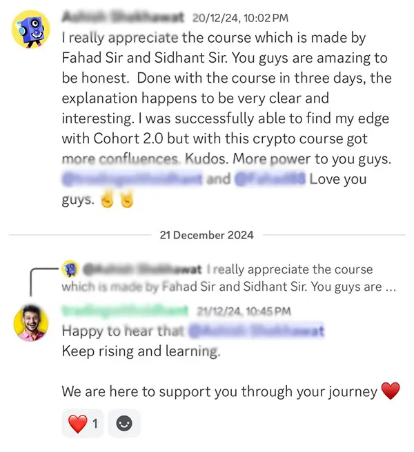 Student completed the course in 3 days and found their trading edge. Discord community message