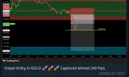 Student post with a marked Gold chart: sniper entry, captured almost 240 pips